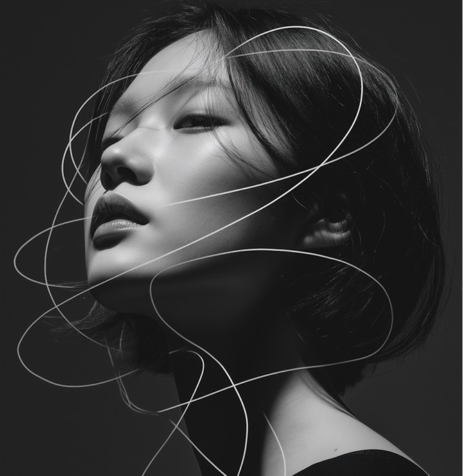 Portrait of a woman with dynamic swirling lines around her face.