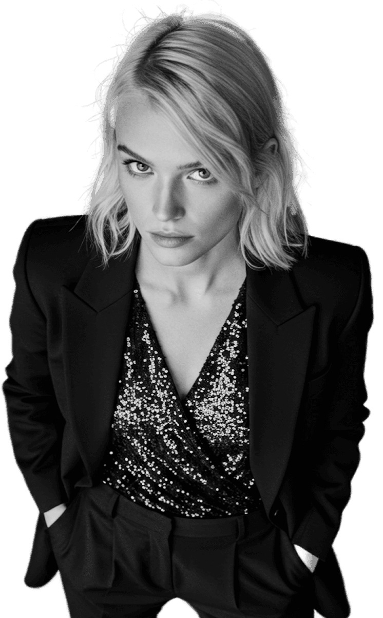 Professional woman in a suit standing in an office setting.