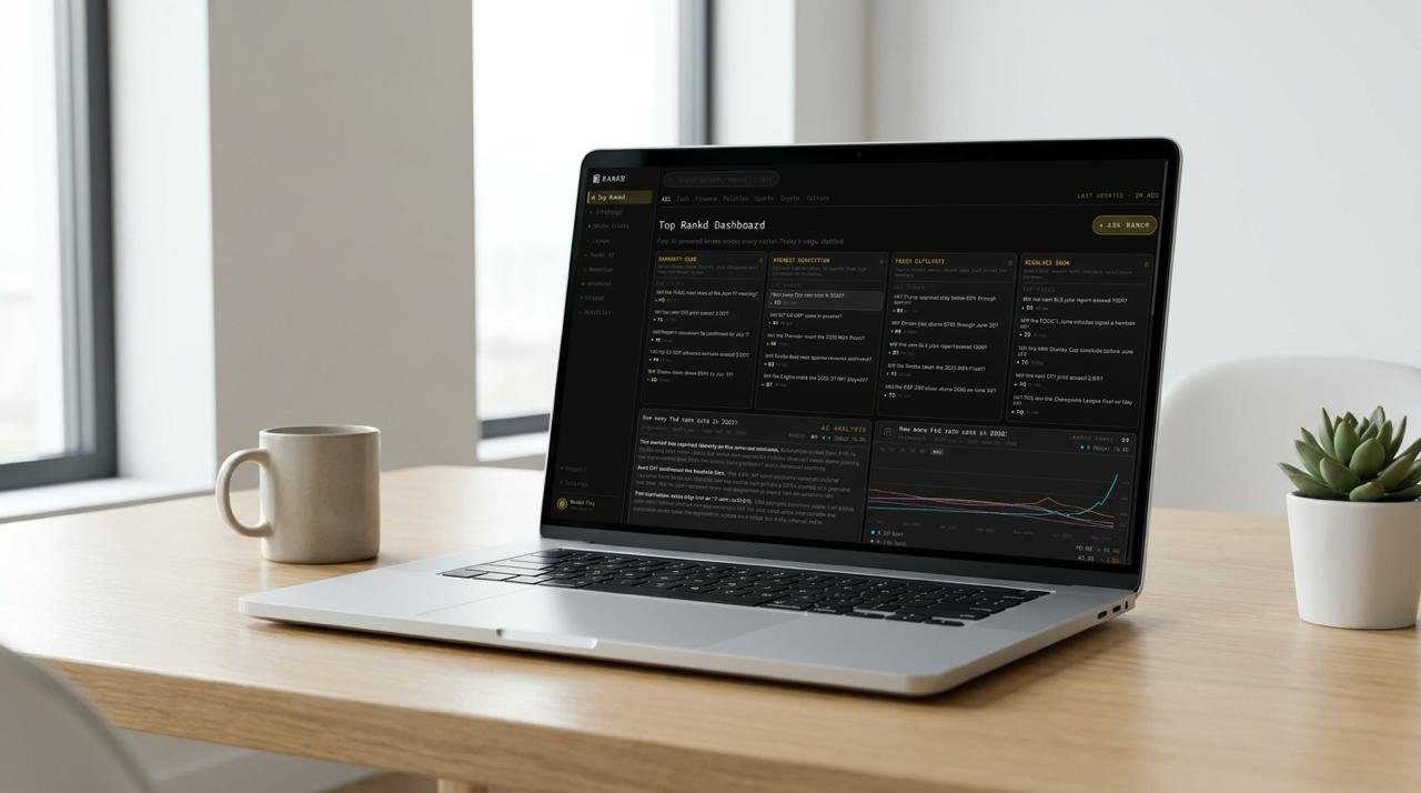 The Rankd dashboard open on a laptop on a desk — the four-lens view: Sharpest Edge, Highest Conviction, Fresh Catalysts, Resolves Soon